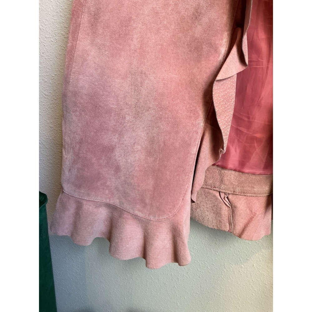 Vintage Margaret Godfrey Pastel Pink Leather Ruffled Trench Coat Pockets Size 4 - Picture 5 of 6